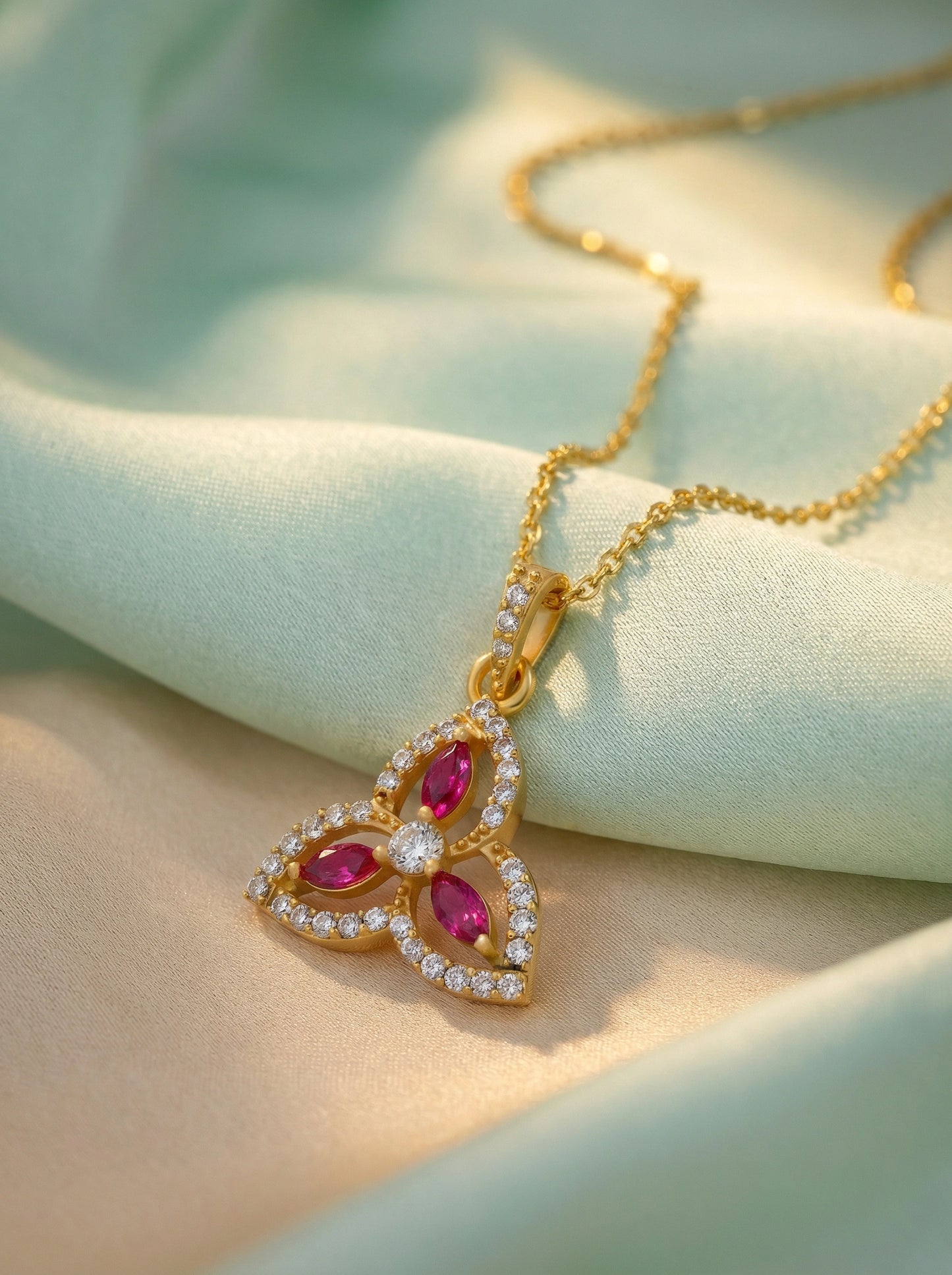 18k gold plated necklace with a heart-shaped pendant featuring red gemstones on a soft fabric background