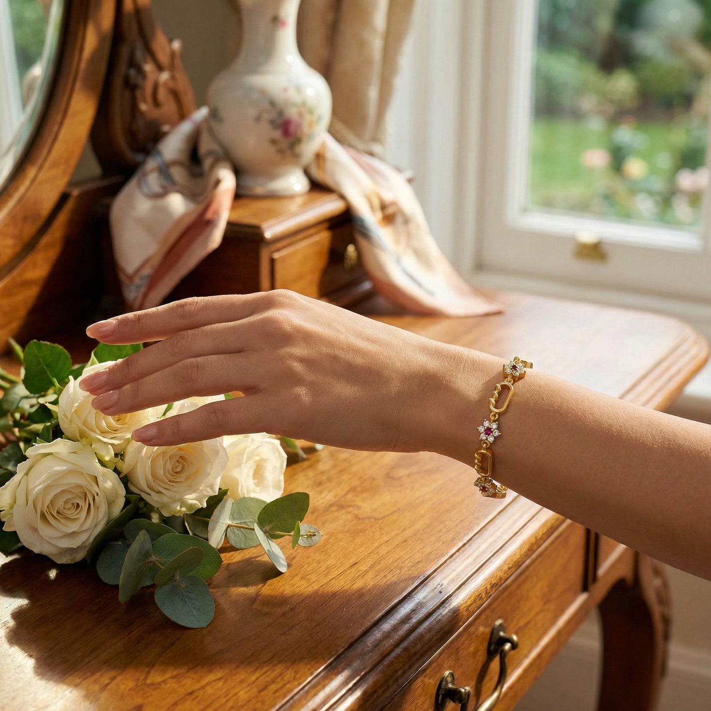 hand with 18k  gold plated  bracelet reaching towards a bouquet of white roses on a wooden surface.