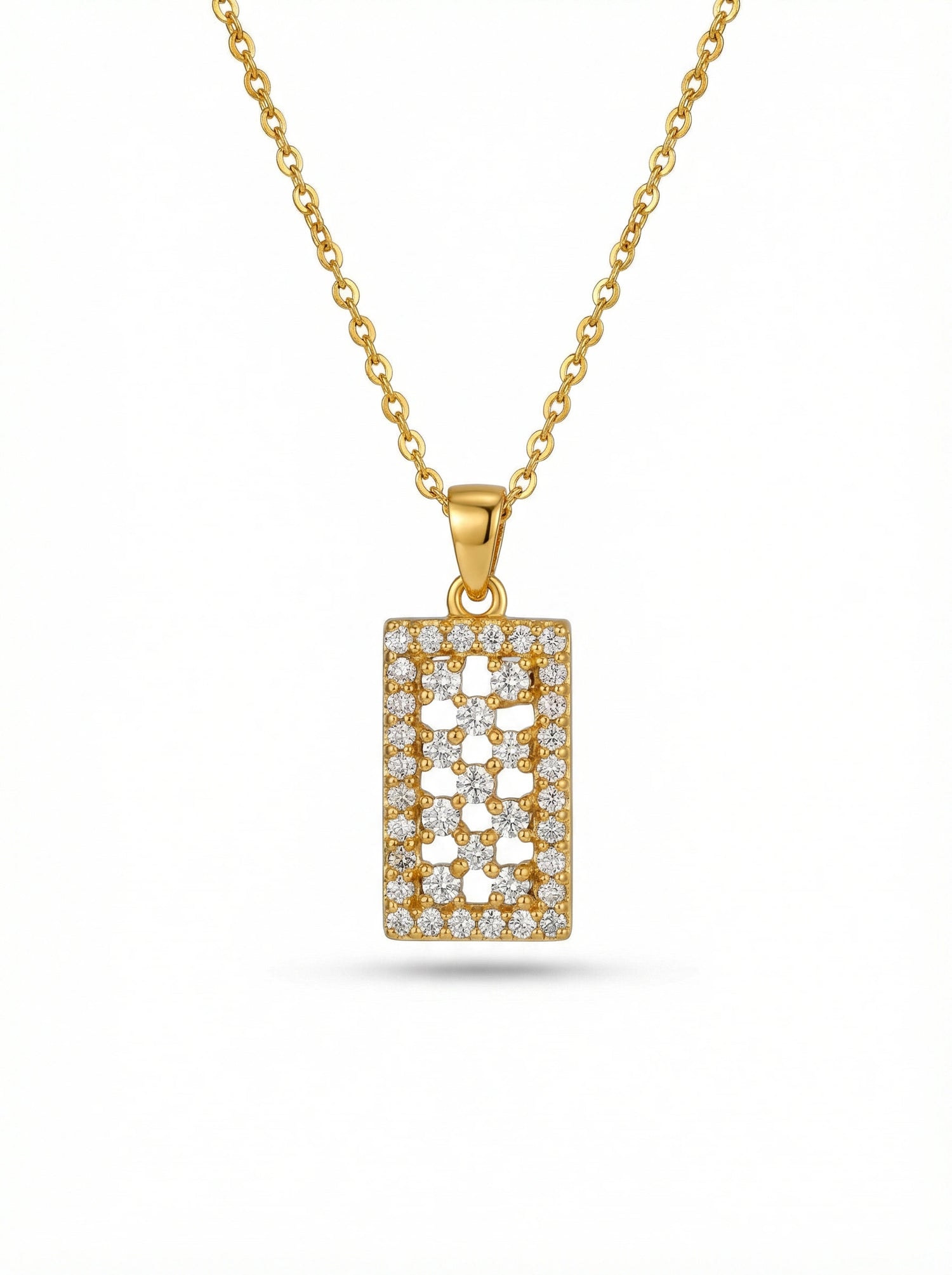 18k Gold plated pendant necklace with diamond accents on a white background