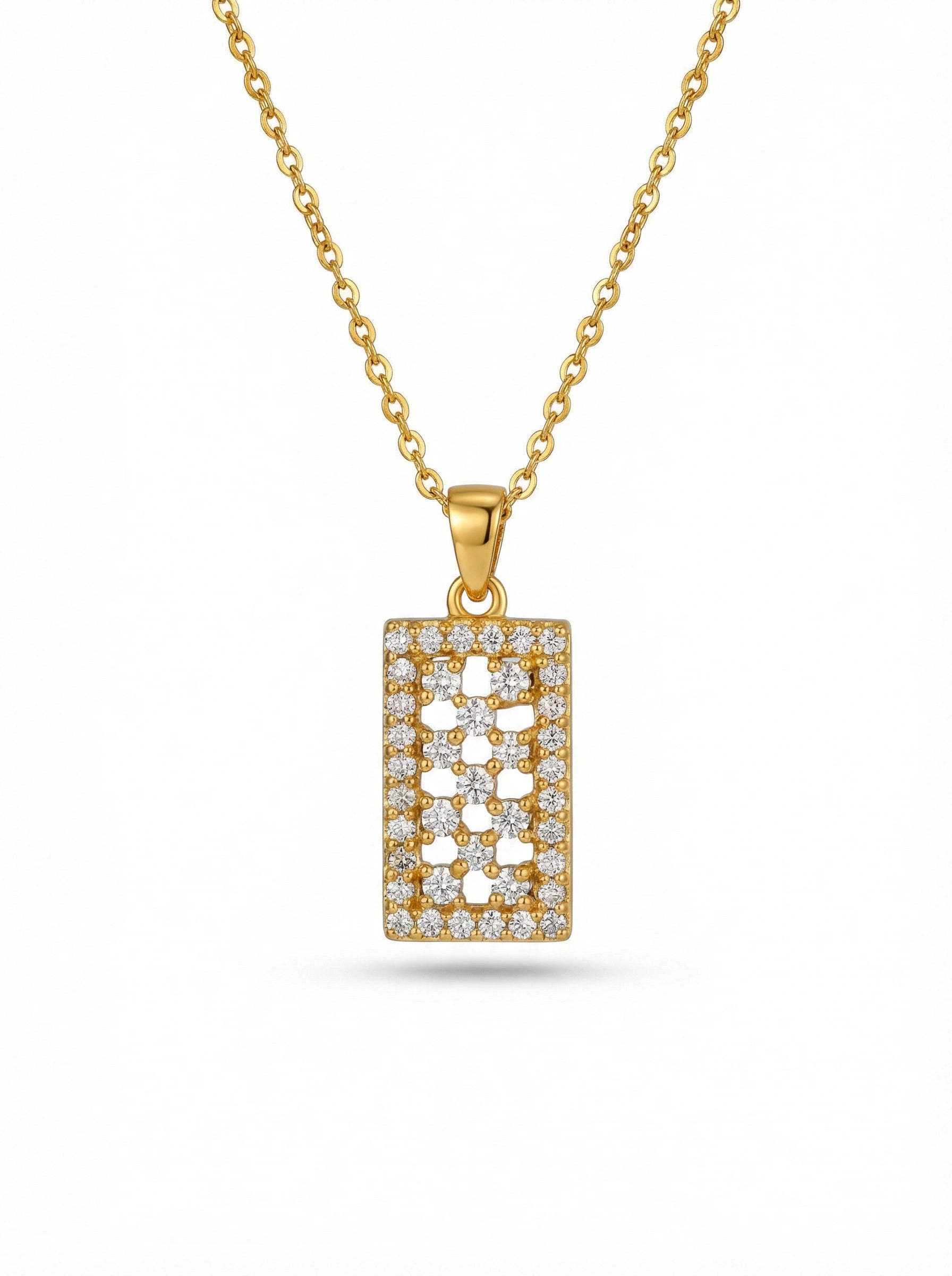 18k Gold plated pendant necklace with diamond accents on a white background