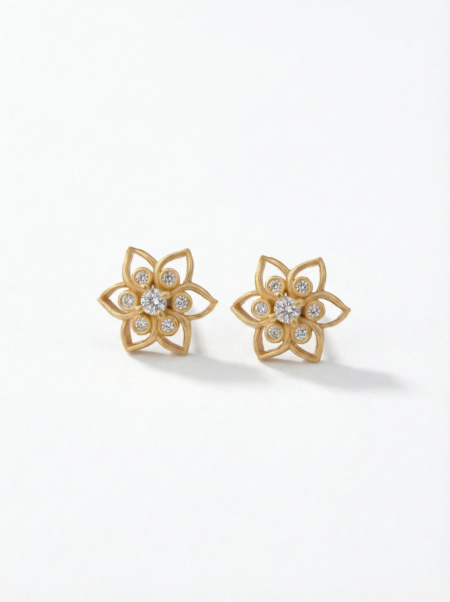 18k gold plated  flower-shaped earrings with clear stones on a white background